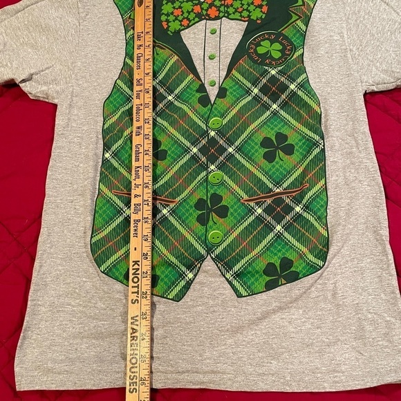 St. Patrick’s Day T-shirt with printed green plaid vest and bow tie on front  M - Picture 8 of 9